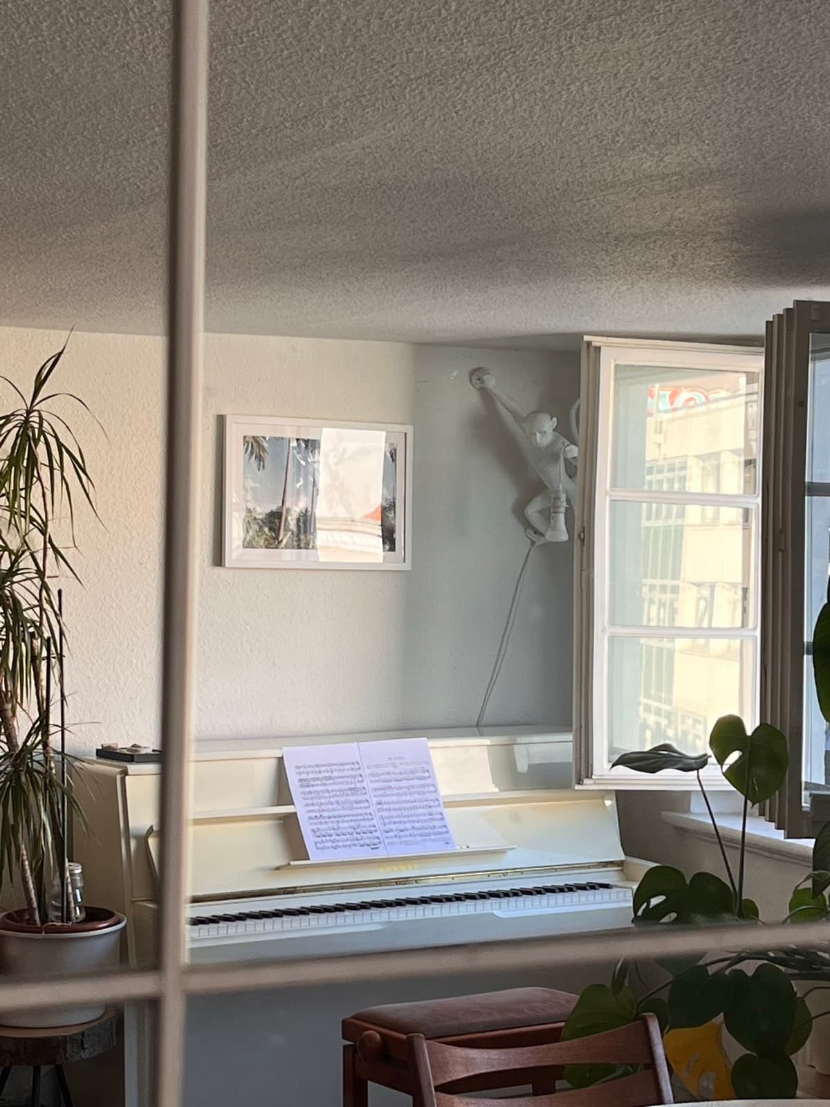 Studio details — framed art, plants, and a small sculpture