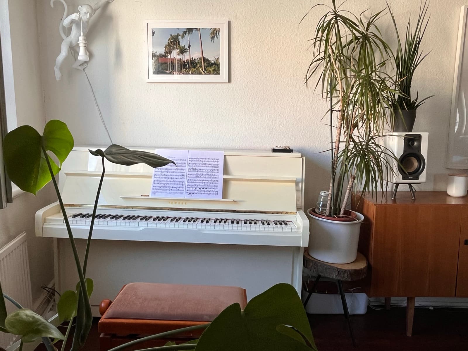 White upright piano with plants in the Hamburg music studio